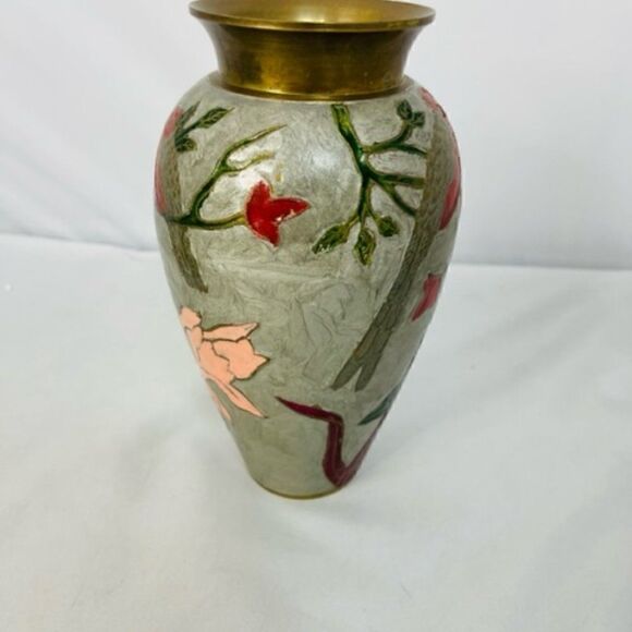 chinese cloisonne brass enamel Vase Gray Floral Birds 7.5" Very Good condition - - Picture 4 of 7